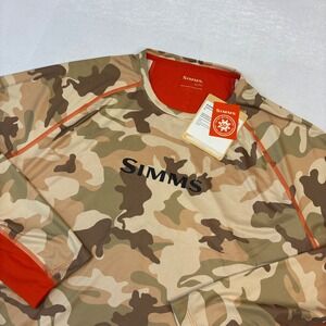 Simms SolarVent Crew Mens XL Woodland Camo Sandbar Orange UPF 50+ Fishing Shirt
